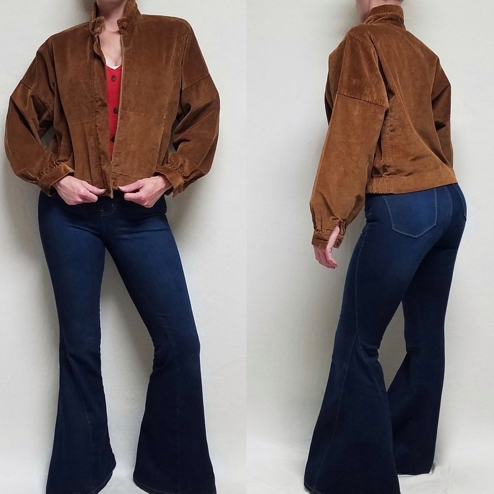 Vintage 70s Bryn Mawr Bobbie Brooks Cognac Brown Corduroy Boxy Cropped Jacket M